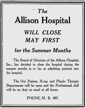 Miami News Ad - Allison Hospital Closes for Summer.