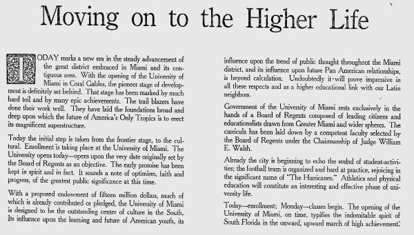 Ad for University of Miami opening on October 15th, 1926