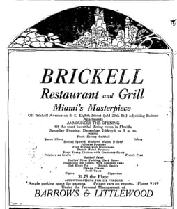 Brickell Restaurant & Grille Ad in 1921