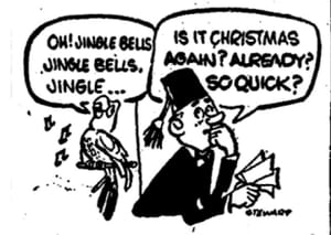 Cartoon of Perky the Parrot singing Jingle Bells in 1955.