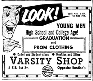 Ad for Varsity Shop in 1958.