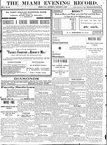 Front page of the Miami Evening Record on January 2, 1904