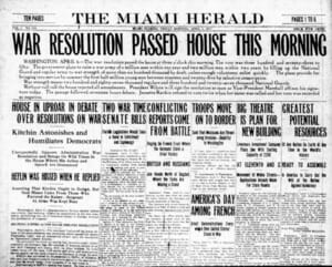 Miami Herald headline of declaration of war on April 6, 1917.
