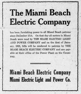 Ad for Miami Beach Electric Company in December of 1920.