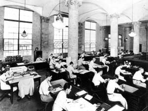 News desk in Daily News Tower in 1930s.