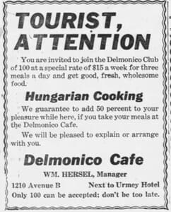 Ad in Miami Metropolis for Delmonico Cafe