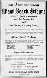 Announcement of Miami Beach Tribune in December of 1933