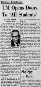 Article in the Miami Herald published on February 1, 1961, announcing the desegregation of the University of Miami.