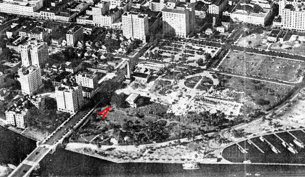 Aerial view of downtown Miami on October 30, 1932. Red arrow points to banyan tree.