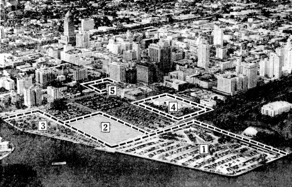 Aerial of Dupont Plaza in downtown Miami in 1955 prior to the removal of the banyan tree. Numbers represent locations of planned new buildings.