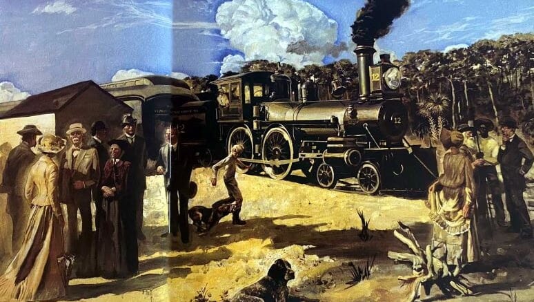 Painting by artist Ken Hughes depicting arrival of first train on April 13, 1896