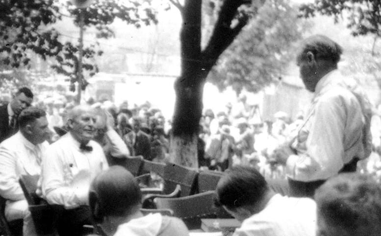 William Jennings Bryan as part of the outdoor proceedings during the Scopes Trial on July 20, 1925