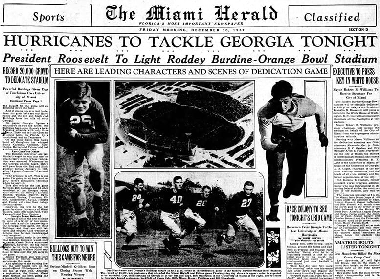 Miami Herald front page on December 10, 1937, the day that Roddey Burdine Stadium was dedicated