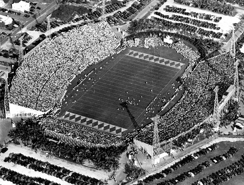 Aerial of Roddey Burdine Stadium on January 1, 1940 during the Orange Bowl Game