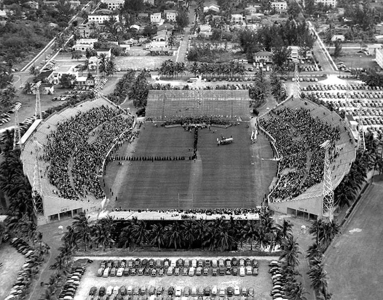 Roddey Burdine Stadium on February 26, 1946, when Winston Churchill received an honorary Juris Doctorate from University of Miami