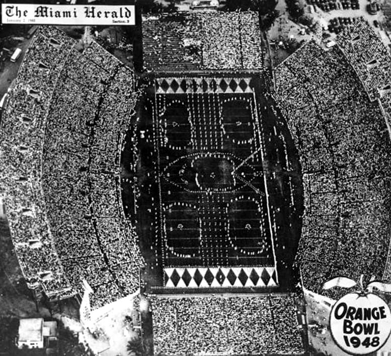 Aerial of Roddey Burdine Stadium during the halftime show of the Orange Bowl on January 1, 1948