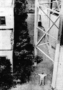 Earnie Seiler between Apartment Building and Stadium on June 29, 1952