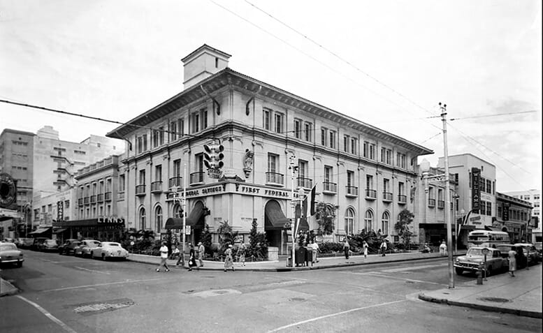 Original federal building at 100 NE First Avenue in 1950 as the First Federal Savings & Loan