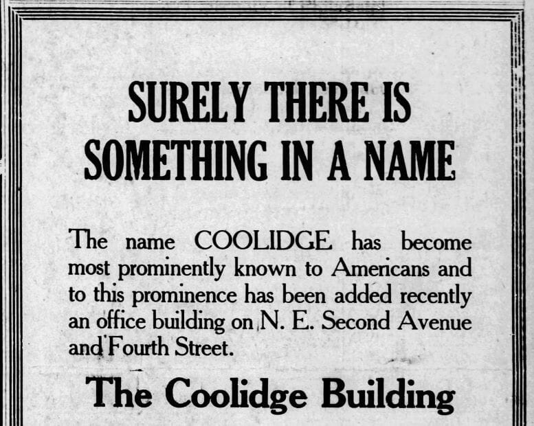 Ad announcing the Coolidge Building in the Miami Herald on May 23, 1925