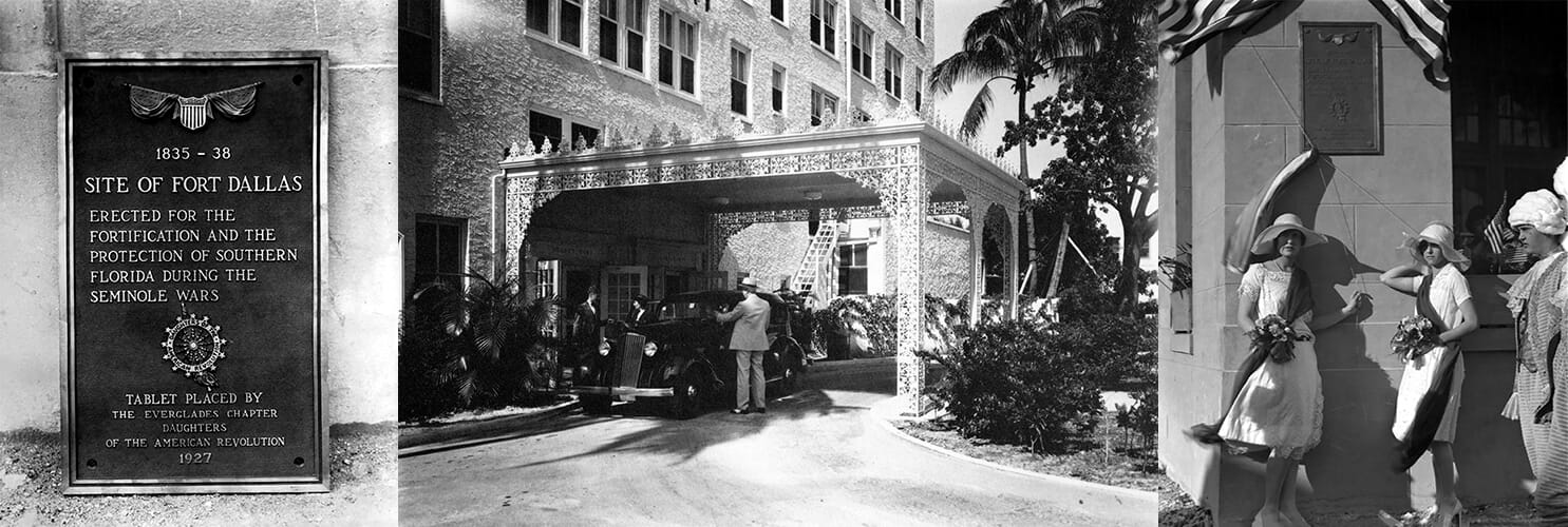 Fort Dallas Bronze Tablet on the Robert Clay Hotel in 1927. Mary Brickell, grand daughter of William and Mary, seen on left, along with Gertrude Thompson (right)
