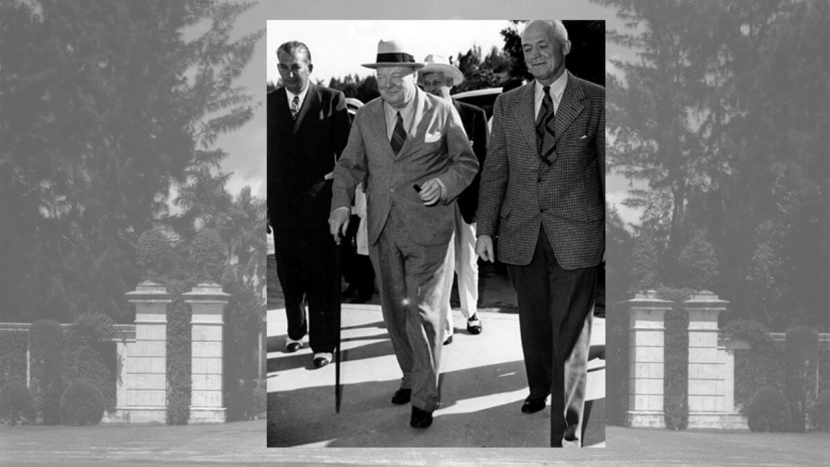 Winston Churchill and General Hap Arnold walking into Hialeah Race Track on January 30, 1946